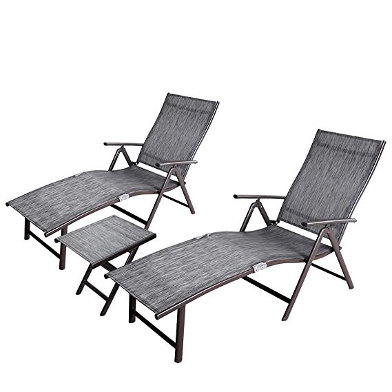Crestlive Products Aluminum Beach Yard Pool Folding Recliner Adjustable Chaise Lounge Chair and Table Set All Weather for Outdoor Indoor, Brown Frame (Black & Gray)