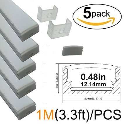 LightingWill 5-Pack 3.3ft/1M 9x17mm Silver U-Shape Internal Width 12mm LED Aluminum Channel System with Cover, End Caps and Mounting Clips Aluminum Profile for LED Strip Light Installations-U02S5