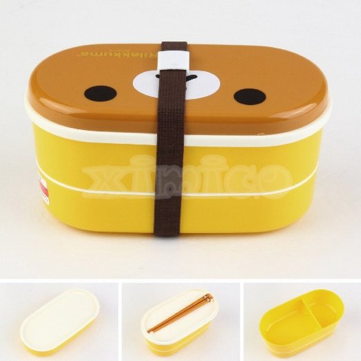Lovely High Heat Resistance Double Layers Chopsticks Plastic Bento Lunch Box (Brown Cover Yellow Box)