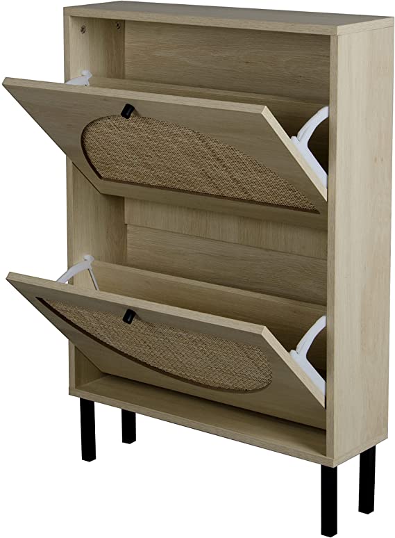 Natural Rattan Shoe Cabinet with 2 Flip Drawers, 2-Tier Shoe Rack Storage Cabinet, Entrance Hallway Shoe Cabinet Furniture Narrow, Modern and Contemporary, Warm White Wood Grain Color (2 Drawer)