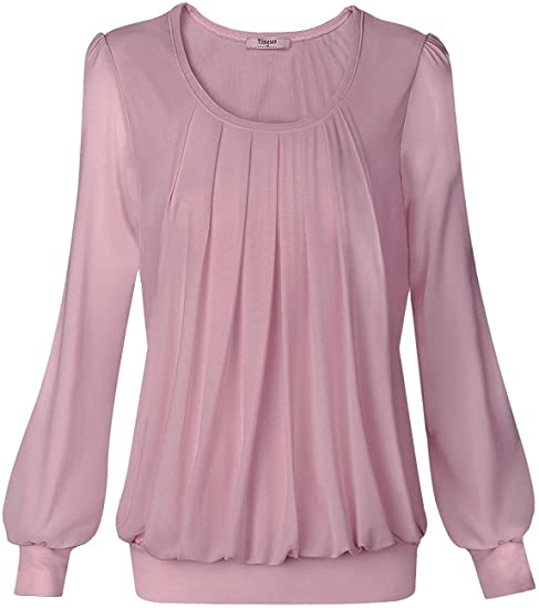 Timeson Women's Long Sleeve Scoop Neck Pleated Front Fitted Blouse Tops