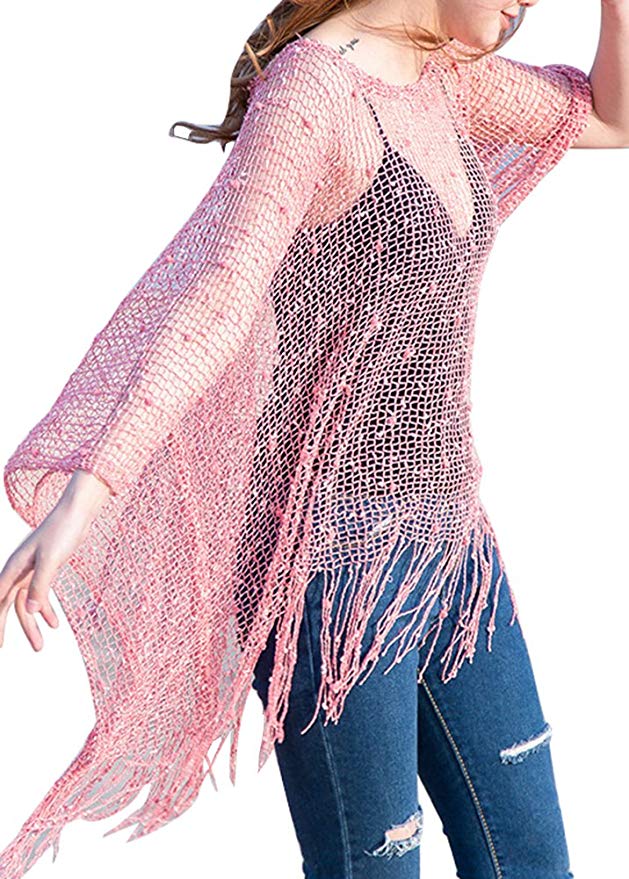 Anatoky Women's Crochet Knit Fringe Poncho Pullover Cape Beachwear Cover Up Shawl Wrap