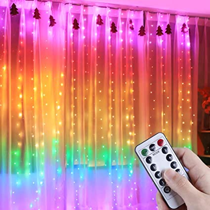 Anpro Window Curtain String Light, 300 LED Warm White Window Fairy String Lights with Remote Control, 3m x 3m 8 Modes USB Powered LED Curtain Lights for Christmas, Party, Wedding, Bedroom Decoration (Rainbow)