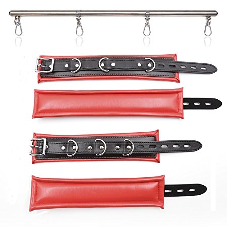 HOT TIME Bondage Leather Wrist Cuffs Ankle Cuffs Kit with Adjustable Stainless Steel Metal Spreader Bar for Women,red&black