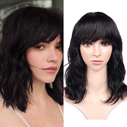 WIGNEE 100% Virgin Human Hair Natural Wave Wigs with Bangs Brazilian Human Hair Wave Wigs Natural Black Color (12“)