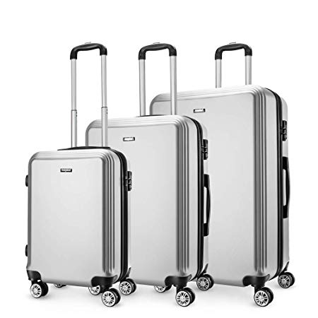 Cabin Luggage Silver Set of 3, Super Lightweight ABS Hard Shell Travel Carry On Trolley 4 Wheels Suitcase, Approved for EasyJet, British Airways, Virgin Atlantic, KLM and Many More.