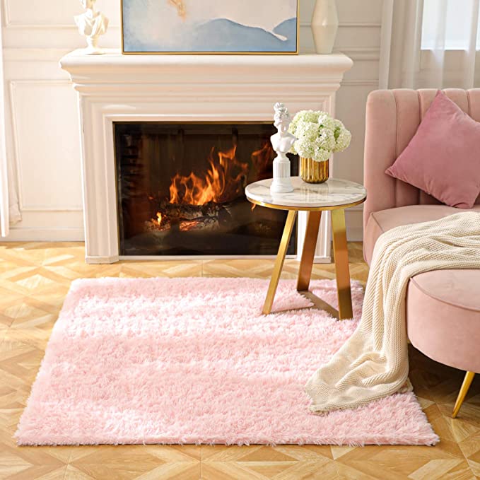 BAYKA Machine Washable Fluffy Area Rug Indoor Ultra Soft Shag Area Rug for Bedroom, Non-Slip Floor Carpet 4x5.3 Feet Pink