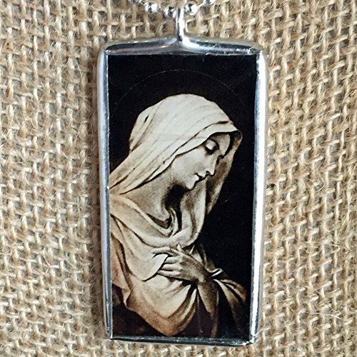 Virgin Mary Spanish Religious Holy Cards Vintage Art Soldered Glass Pendant Charm Necklace