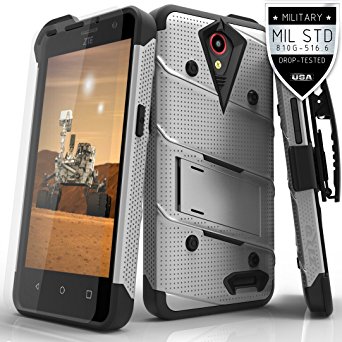 ZTE Prestige Case, Zizo [Bolt Series] w/ [ZTE Prestige Screen Protector] Kickstand [Military Grade Drop Tested] Holster- ZTE Sonata 3 and Avid Trio