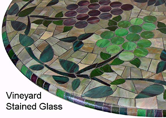 Mosaic Table Cloth Round 36" to 48" Elastic Edge Fitted Vinyl Table Cover Vineyard Stained Glass Pattern Brown Purple Green