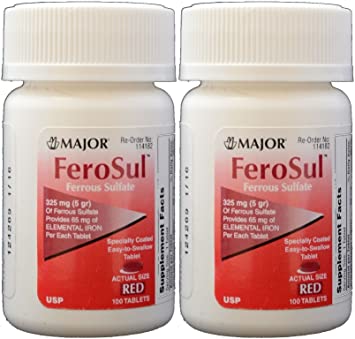 Ferrous Sulfate FC 325mg (5GR) Generic for Feosol Red Tablets 100 Tablets per Bottle 2 PACK Total 200 tablets
