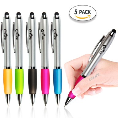 GSlife Pack of 5 Fashionable 2 in 1 Sensitive Stylus and Ballpoint Pen for iPhone 6 iPad MiniiPad airGalaxy Tab and Any Capacitive Touchscreen Device Rose redYellowGreenLight blueBlack Ultra lightEasy Grip and Write All in Black ink