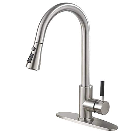 IKEBANA Commercial Modern Brushed Nickel Stainless Steel Single Handle Pull Out Pull Down Sprayer Kitchen Faucet, Brushed Nickel Kitchen Sink Faucets