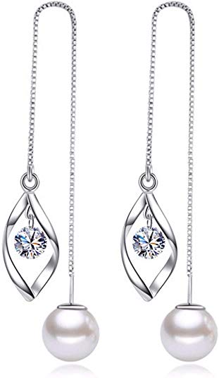 Elegant 925 Sterling Silver Threader Tassel Earrings Pearl Ball Drop Long Chain Earrings Wedding for Women and Girls