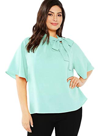 Romwe Women's Plus Size Short Sleeve Stand Collar Tied Neck Knot Blouse Top