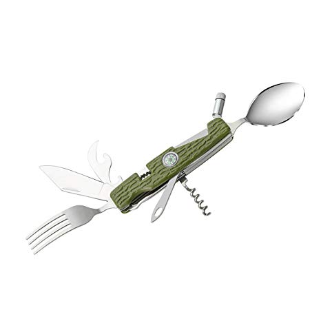 Outdoor Foldable 9-In-1 Camping Utensil Travel Mess Cutlery Kit,Stainless Steel Fork Spoon Knife Bottle Opener Set,Multifunctional Flatware for Picnics,Hiking,Survival and Camping (Army Green)