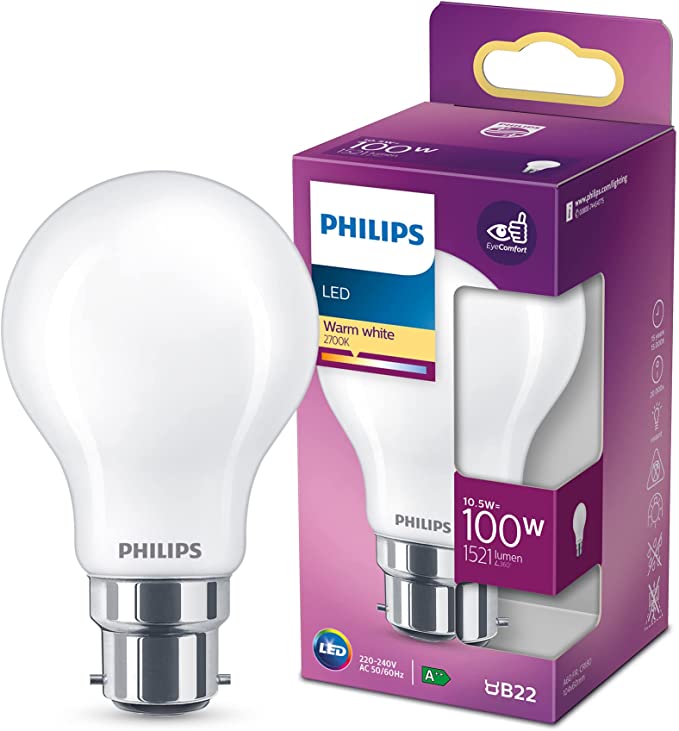 Philips LED Classic A60 Frosted Light Bulb [B22 Bayonet Cap] 10.5W - 100W Equivalent, Warm White 2700K, Non Dimmable.