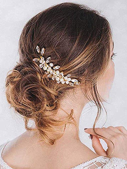 Unicra Bride Wedding Hair Combs Pearl Hair Piece Crystal Headpiece Bridal Hair Accessories for Women and Girls (Gold)