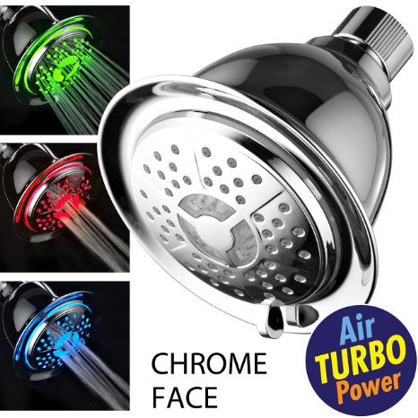 PowerSpa All Chrome 4-Setting LED Shower Head with Water Saving Air Turbo Pressure Boost Technology 7 colors of LED Lights change automatically every few seconds