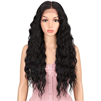 JOEDIR 26¡± Deep Curly Wavy Supreme Free Parting Lace Frontal Wigs High Temperature Synthetic Human Hair Feeling Wigs For Black Women 180% Density Wigs Ombre Color 200g(1B)