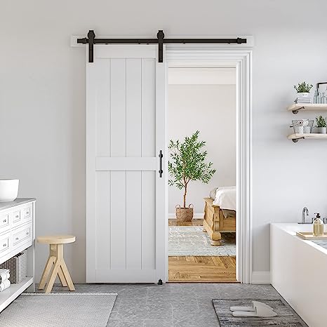 SmartStandard 30 x 84 in Sliding MDF Barn Door with 5FT Sliding Door Hardware Kit & Handle, Pre-Drilled Ready to Assemble, Waterproof PVC Coating, White, H-Frame