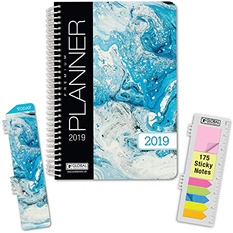 HARDCOVER Calendar Year 2019 Planner: (November 2018 Through December 2019) 5.5"x8" Daily Weekly Monthly Planner Yearly Agenda. Bonus Bookmark, Pocket Folder and Sticky Note Set (Blue Marble)