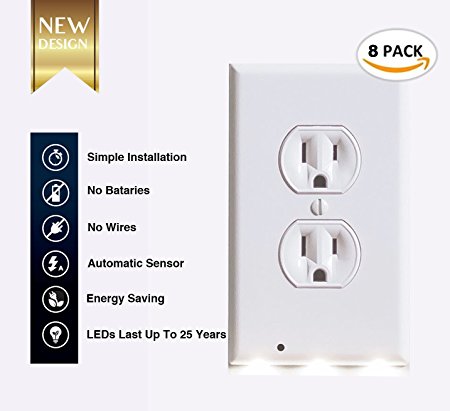 (8 PACK) - Outlet wall plate with Led night light – Guidelight - Cover with Led light - Outlet wall cover with Led night light - Built in sensor - No wire - White (DUPLEX 8 PACK)