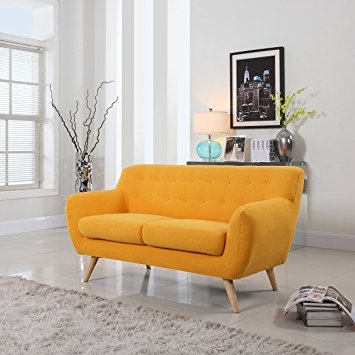 Mid-Century Modern Linen Fabric Sofa, Loveseat in Colors Light Grey, Polo Blue, Sky blue, Yellow and Red (Yellow, 2 Seater)