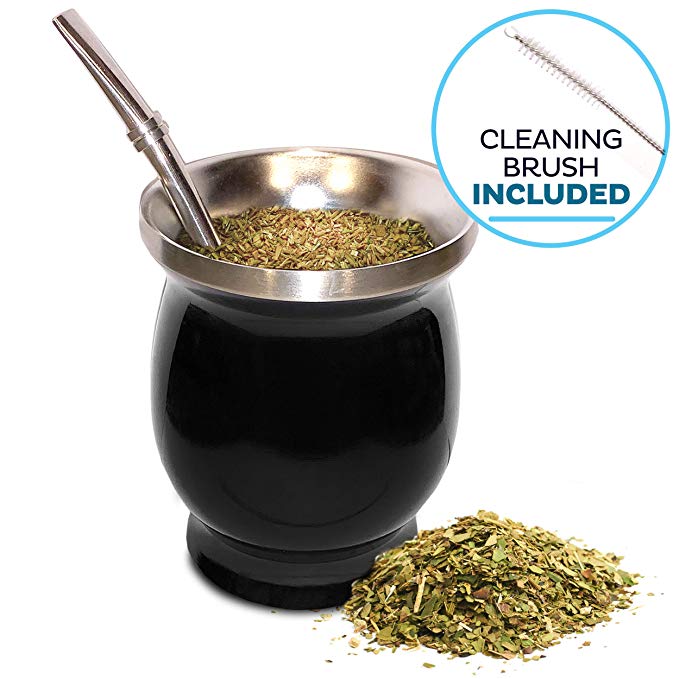 Yerba Mate Natural Gourd/Tea Cup Set (Original Traditional Mate Cup - 8 Ounces) | Includes Bombilla (Yerba Mate Straw) & Cleaning Brush | Black Stainless Steel | Double-Walled | Easy to Clean