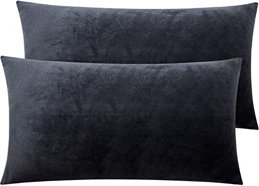 NTBAY Solid Velvet King Pillowcase, 2 Packs Super Soft and Cozy Luxury Zippered Pillow Cases, 20 x 36 Inches, Charcoal Grey