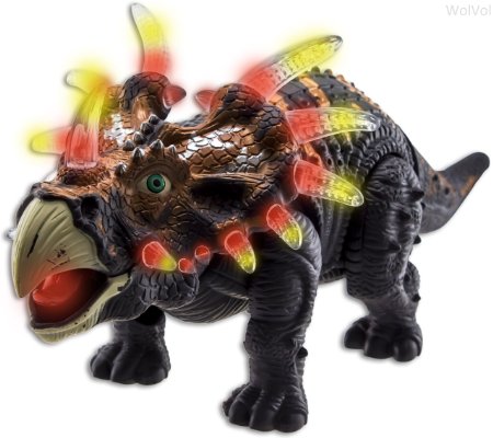 WolVol Walking Triceratops Dinosaur Toy Figure with Many Lights & Loud Roar Sounds, Real Movement (Battery Powered)