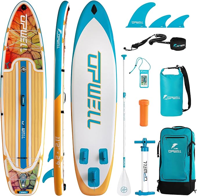 UPWELL 11'/10'6"/10'2" Inflatable Stand Up Paddle Board with sup Accessories Including Backpack, Repairing Kits, Non-Slip Deck, Leash, 3 Fins, Paddle and Hand Pump