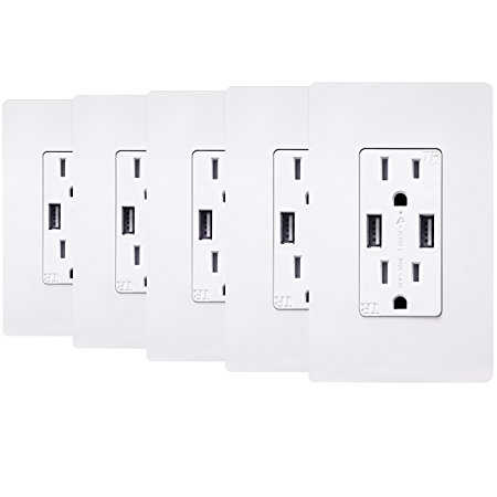 TOPGREENER TU2154A 4A High Speed Dual USB Charger Outlet 15A Tamper Resistant Receptacle & 2 Free Wall Plates, White, 5-Pack