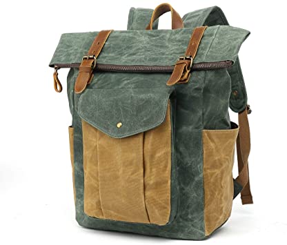 SUVOM Canvas Backpack, Roll Up Vintage School Backpack, Stylish Travel Rucksack 15.6 inches Laptop Backpack for Women Men, Dark Green