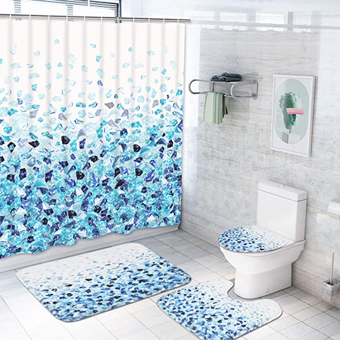 4 Pcs Blue Crystal Shower Curtain Sets with Non-Slip Rugs, Toilet Lid Cover and Bath Mat, Stylish Ice Cube Shower Curtain with 12 Hooks, Funny Colorful Waterproof Fabric Shower Curtain for Bathroom