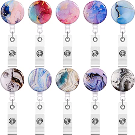 10 Pieces Retractable Badge Holder Nurse Badge Reels with Alligator Clip Decorative ID Name Badge Reel for Office Worker Doctor Nurse (Marble Design)