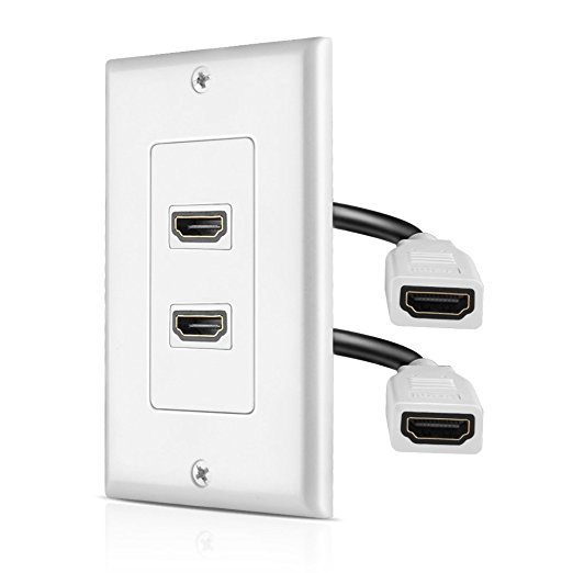 TNP HDMI Wall Plate - Dual (2 Port) HDMI Socket Plug Jack Outlet Decorative Face Cover Mount Panel with Built in Flexible High Speed Extension Pigtail Coupler Cable with Ethernet Support