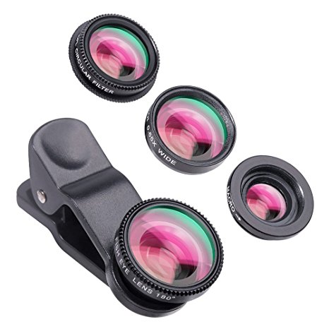 Yarrashop® 4 in 1 Clip-On iPhone Lens Cell Phone Camera Lens Kit with 180 Degree Fisheye Lens   Wide Angle Lens   10X Macro Lens   CPL Lens for iPhone 7,6s/6s Plus, iPhone 6/6 Plus, iphone 5 5S 5C ,Samsung Galaxy S6 S7 Edge Plus ,Note 5,Huawei,Mobile Phones and Tablets (Black)