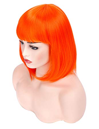 Morvally Short Straight Bob Wig Heat Resistant Hair with Blunt Bangs Natural Looking Cosplay Costume Daily Wigs (12", Orange)