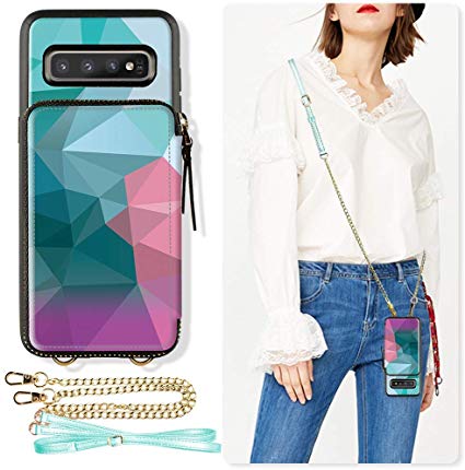 ZVE Samsung Galaxy S10 Plus Wallet Case Galaxy S10  Case with Credit Card Holder Slot Crossbody Chain Handbag Purse Print Zipper Case for Samsung Galaxy S10 Plus (2019), 6.4 inch - Diamond