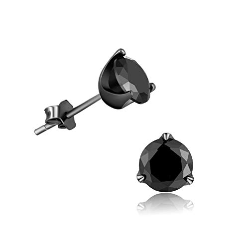 Black Studs Earrings Round Cubic Zirconia Sterling Silver Hypoallergenic Piercing Ear Studs for Men Women - 7.4mm | Father's Day Gift