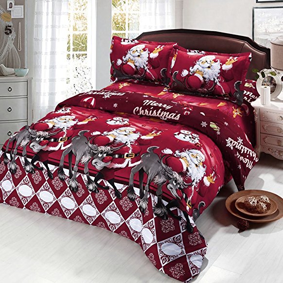 Anself 4pcs 3D Printed Cartoon Merry Christmas Gift Santa Claus Deep Pocket Bedding Set Bedclothes Cover Bed Sheet 2 Pillowcases