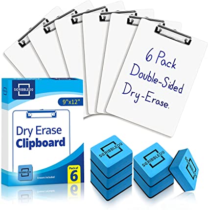 Dry Erase Clipboards Pack of 6, Durable Double-Sided 9"x12" White Clipboard with 6 Dry Erase Erasers, White Board Clipboard with Low Profile Clip for School, Classroom and Home Use