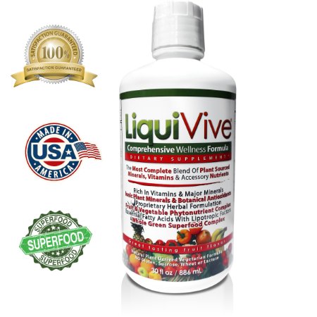 LiquiVive Liquid Vitamins Nutritional Supplement The BEST and Most Complete Anti-Aging Plant Derived Multivitamin Dietary Supplement With Whole Green Superfood Complex Fruits and Vegetables Herbal Infusion and Botanical Antioxidants No Pills Tablets Or Powders To Swallow Gluten Free and Vegetarian 30 oz