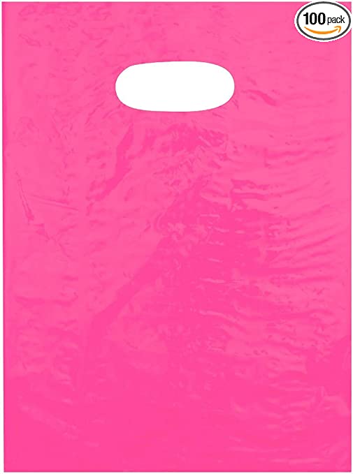 9x12 Hot Pink Die Cut Handle Plastic Shopping Bags 100/cs