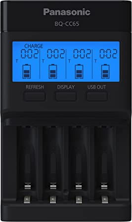 Panasonic BQ-CC65AKBBA Super Advanced eneloop pro and eneloop 4-Position Quick Charger with LCD Indicator Panel and USB Charging Port, Black