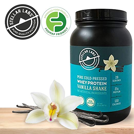 Stellar Labs Pure Cold-Pressed Vanilla Whey Protein Powder, Gluten-Free, High Protein, All Natural with Stevia, Low FODMAP, 28 Servings, 32oz