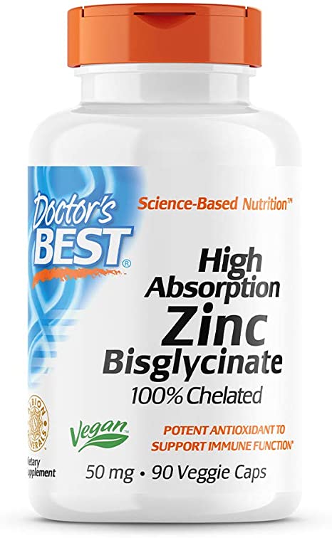 Doctor's Best High Absorption Zinc Bisglycinate 50mg High Potency Supporting Enhancing Immune System Antioxidant VC, 90 Count