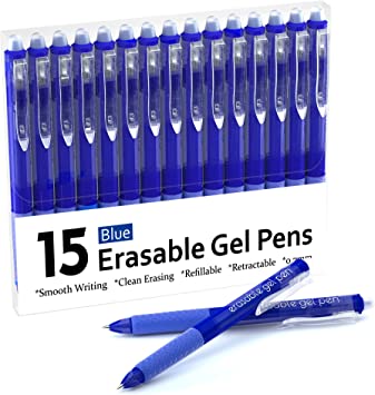 Erasable Gel Pens, Lineon 15 Pack Blue Retractable Erasable Pens Clicker, Fine Point, Make Mistakes Disappear, Blue Ink for Writing Planner and Crossword Puzzles