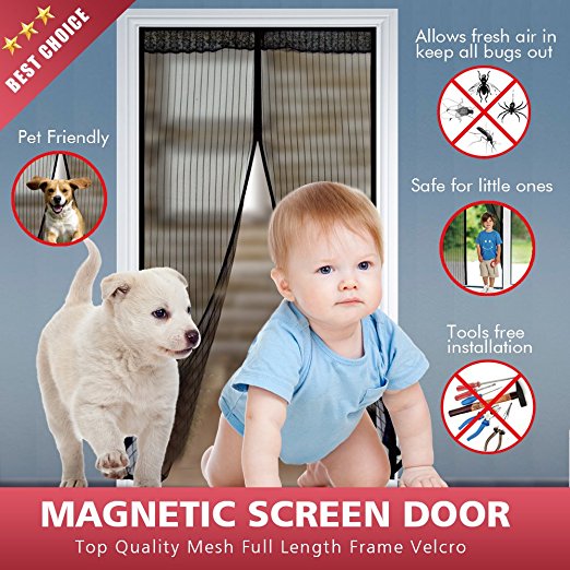 Bodyguard Magnetic Screen Door - Full Frame Velcro, 28 Sewn-in Magnets, Heavy Duty Mesh Curtain, Easy Installation, No Gap, No Falling, Fits Door Size up to 34 x 82-Inch (Black)